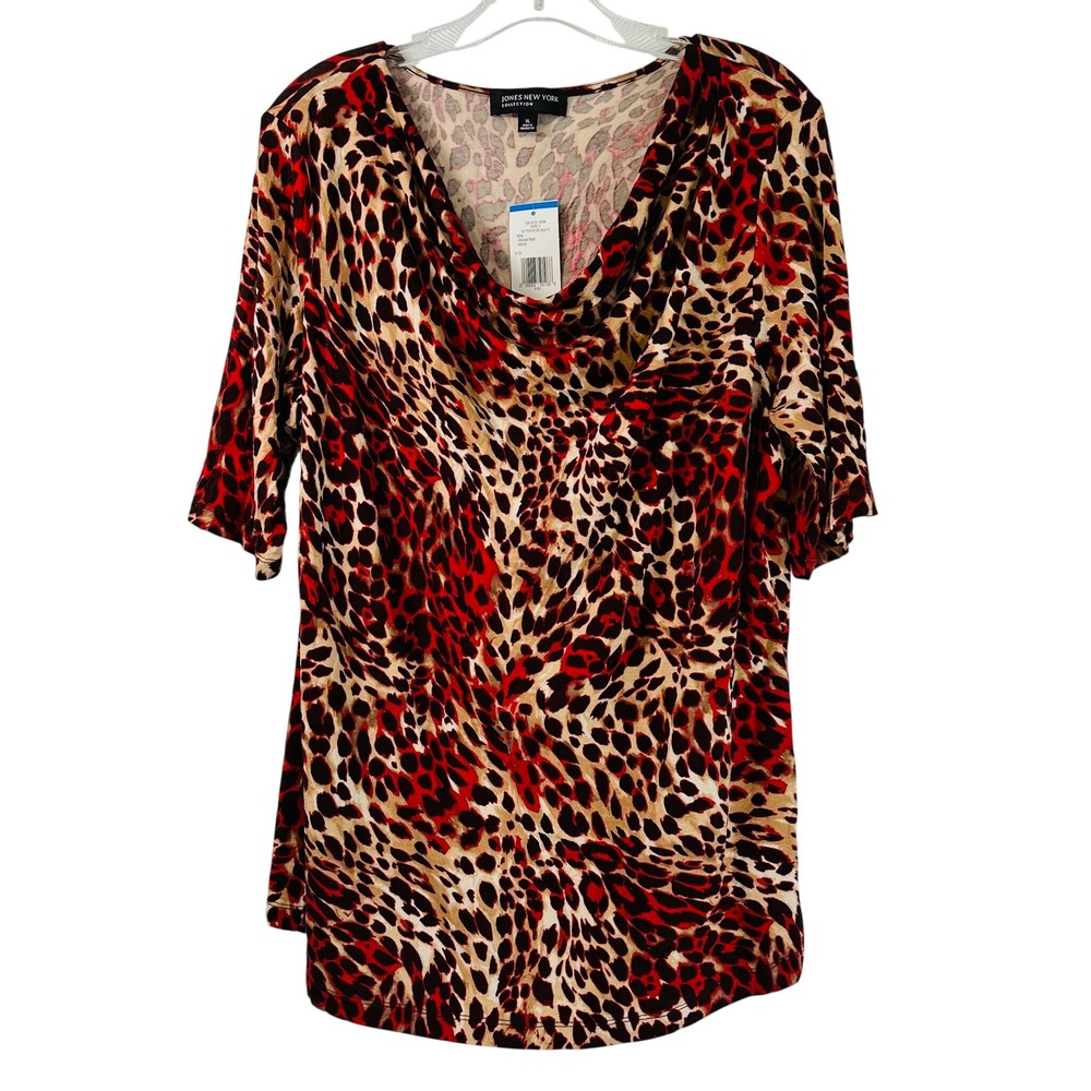 Jones New York Collection Red Leopard Print Cowl Neck Top XL NWT 10415731-6DM